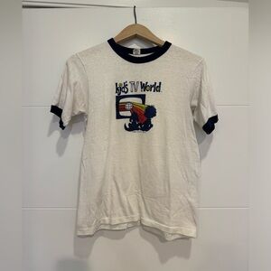 Vintage Retro Kids TV World Tee with Blue Collar and Bordered Sleeves